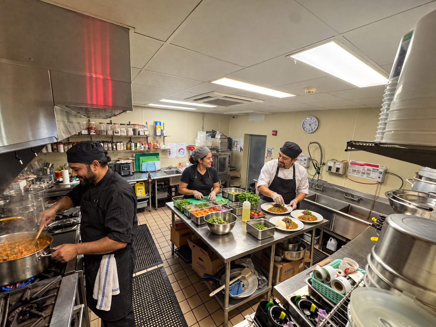 Illustrative scene in our kitchen with three AI-added cooks preparing food together